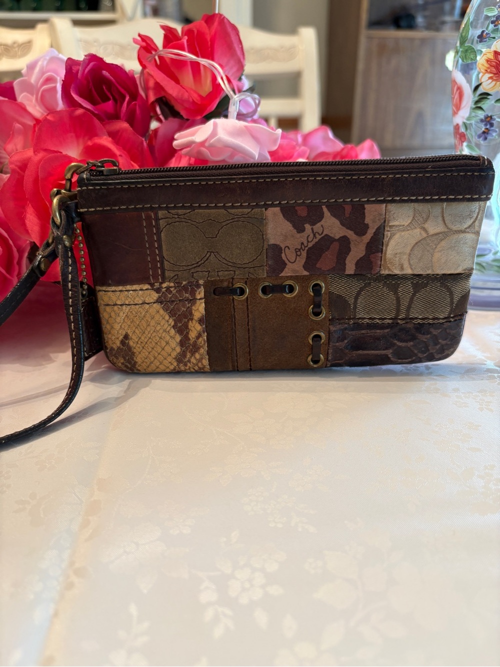 Vintage Y2K Coach Signature Patchwork Wristlet Wallet Mixed Leather & Suede